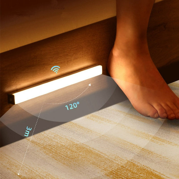 Wireless Motion-Activated LED Nightlight: white, black motion-sensor LED light bar, minimal style