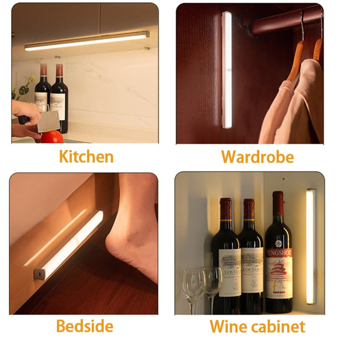 Wireless Motion-Activated LED Nightlight: white, black motion-sensor LED light bar, minimal style