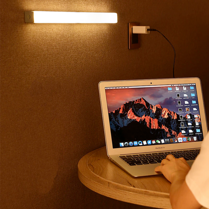 Wireless Motion-Activated LED Nightlight: white, black motion-sensor LED light bar, minimal style