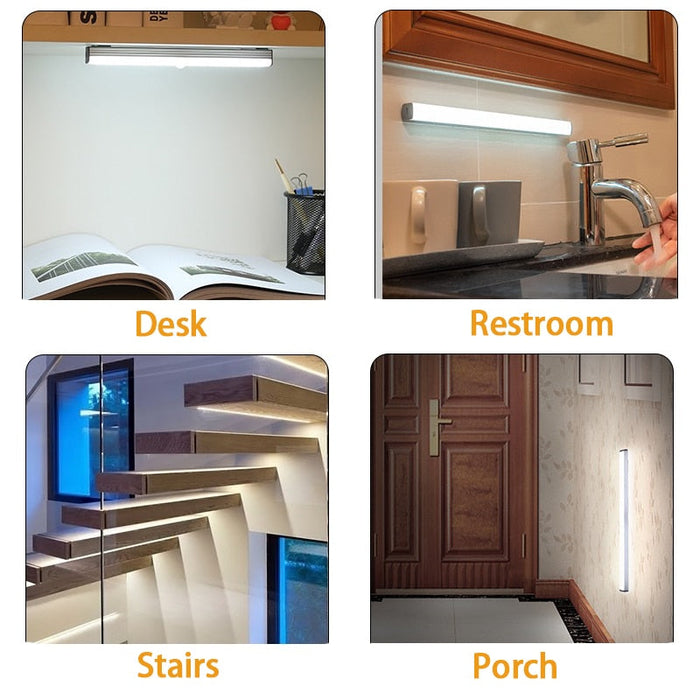 Wireless Motion-Activated LED Nightlight: white, black motion-sensor LED light bar, minimal style