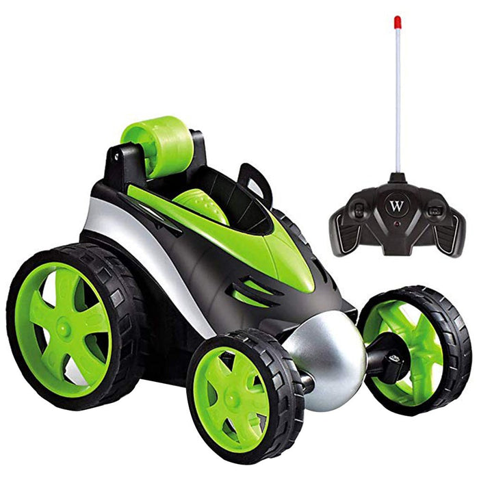 Wireless Remote Control Toy Car with Flipping Wheels: black, bright green remote-controlled toy car, futuristic cartoon racin