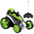 Wireless Remote Control Toy Car with Flipping Wheels: black, bright green remote-controlled toy car, futuristic cartoon racin