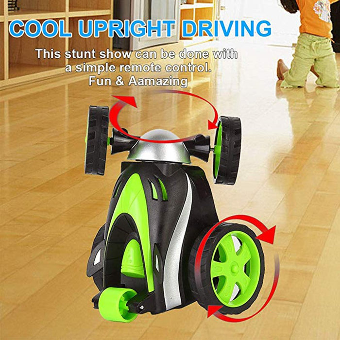 Wireless Remote Control Toy Car with Flipping Wheels: black, bright green remote-controlled toy car, futuristic cartoon racin