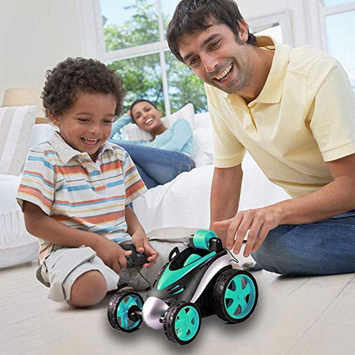 Wireless Remote Control Toy Car with Flipping Wheels: black, bright green remote-controlled toy car, futuristic cartoon racin