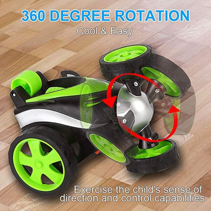 Wireless Remote Control Toy Car with Flipping Wheels: black, bright green remote-controlled toy car, futuristic cartoon racin