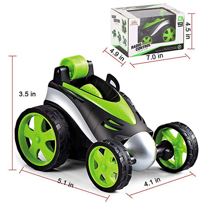 Wireless Remote Control Toy Car with Flipping Wheels: black, bright green remote-controlled toy car, futuristic cartoon racin