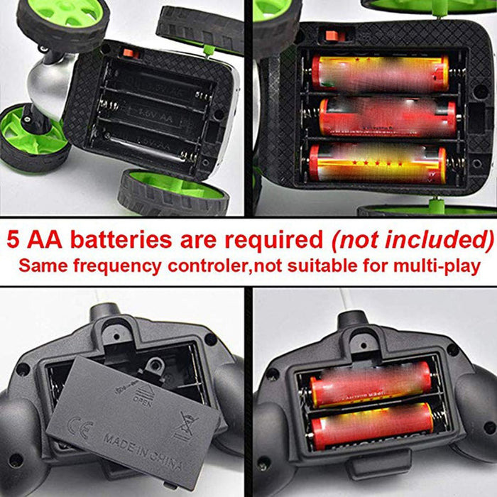 Wireless Remote Control Toy Car with Flipping Wheels: black, bright green remote-controlled toy car, futuristic cartoon racin