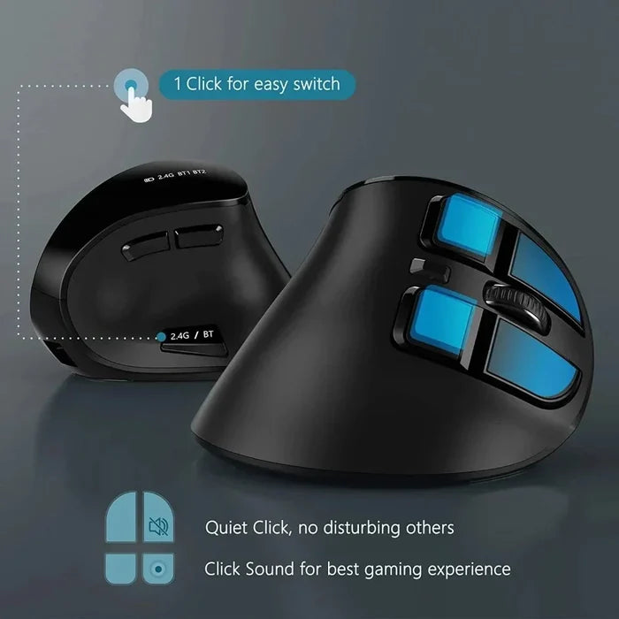 Wireless Vertical Mouse with Bluetooth and 2.4Ghz Dual Mode: black, dark gray vertical ergonomic computer mouse, modern ergon
