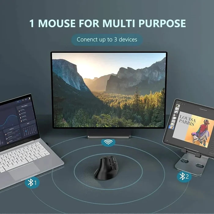 Wireless Vertical Mouse with Bluetooth and 2.4Ghz Dual Mode: black, dark gray vertical ergonomic computer mouse, modern ergon