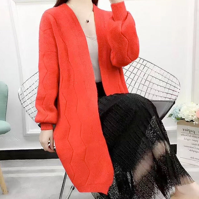 Women's Bell Sleeve Knit Sweater: peach pink long cardigan, casual, feminine style
