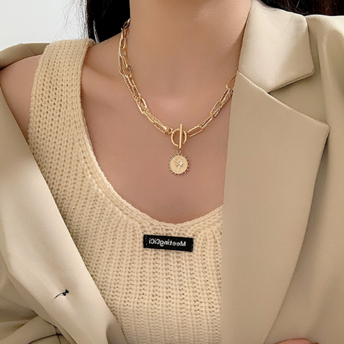 Women's Coin Pendant Chain Style Necklace: gold layered necklace, minimal style
