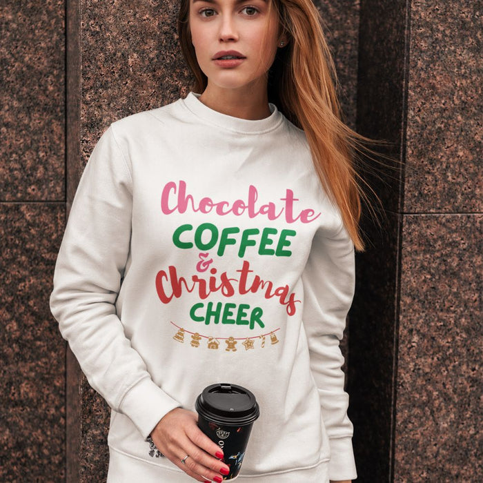 Women's Festive Joy Pullover: white, pink Christmas holiday theme, festive typographic graphic style