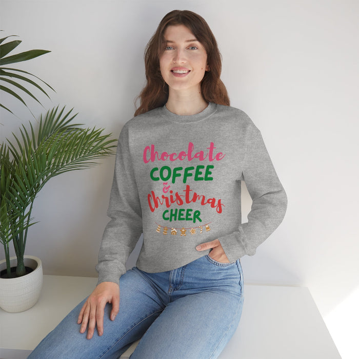 Women's Festive Joy Pullover: white, pink Christmas holiday theme, festive typographic graphic style