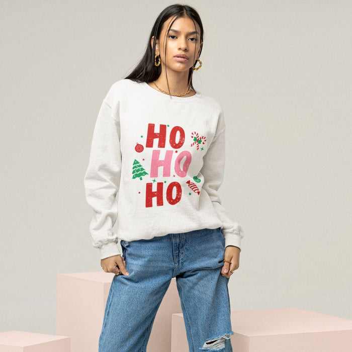 Women's Festive Sweater: white, red Christmas holiday theme, casual festive graphic style