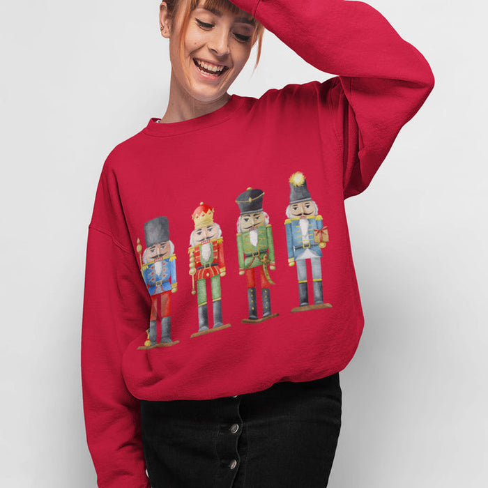 Women's Festive Sweater: white, red Christmas holiday theme, casual festive graphic style