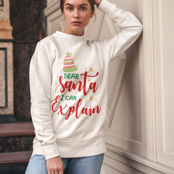 Women's Festive Sweater: white, red Christmas holiday theme, casual festive graphic style