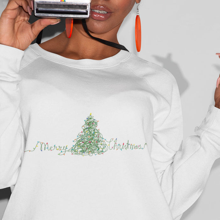 Women's Holiday Lights Tree Pullover: black, green Christmas tree, casual festive graphic style