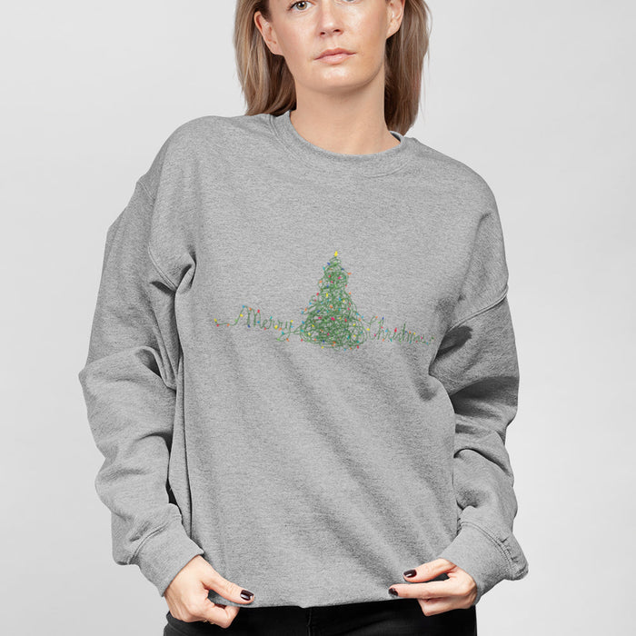 Women's Holiday Lights Tree Pullover: black, green Christmas tree, casual festive graphic style