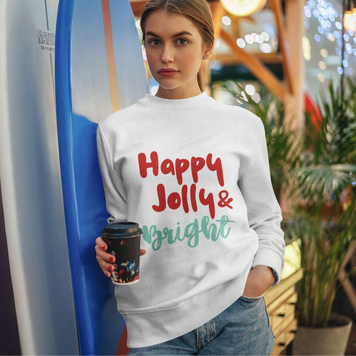 Women's Joyful and Vibrant Sweatshirt: white, red holiday text theme, casual festive graphic style