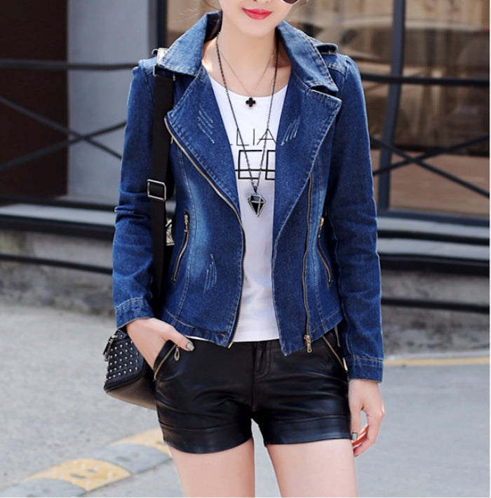 Women's Motorcycle Denim Jacket: dark blue, blue denim jacket, casual biker-inspired style