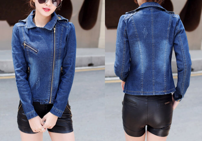 Women's Motorcycle Denim Jacket: dark blue, blue denim jacket, casual biker-inspired style
