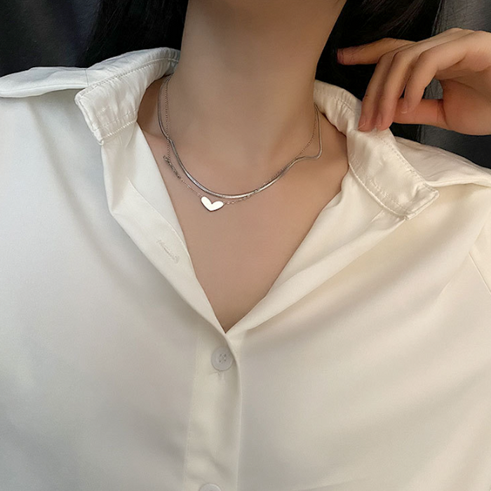 Women's Romance-inspired Layered Necklace: silver, white heart, minimal style