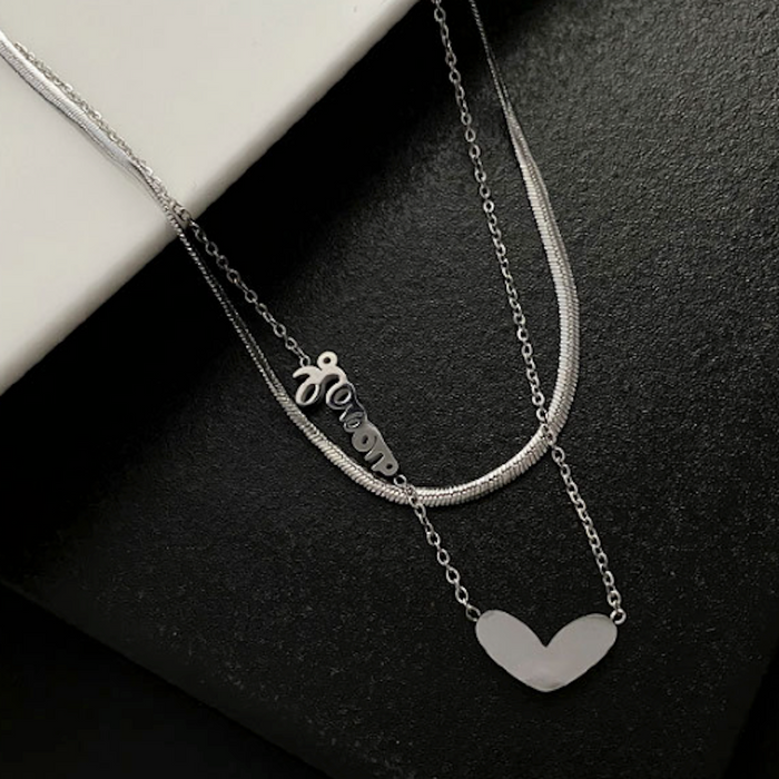 Women's Romance-inspired Layered Necklace: silver, white heart, minimal style