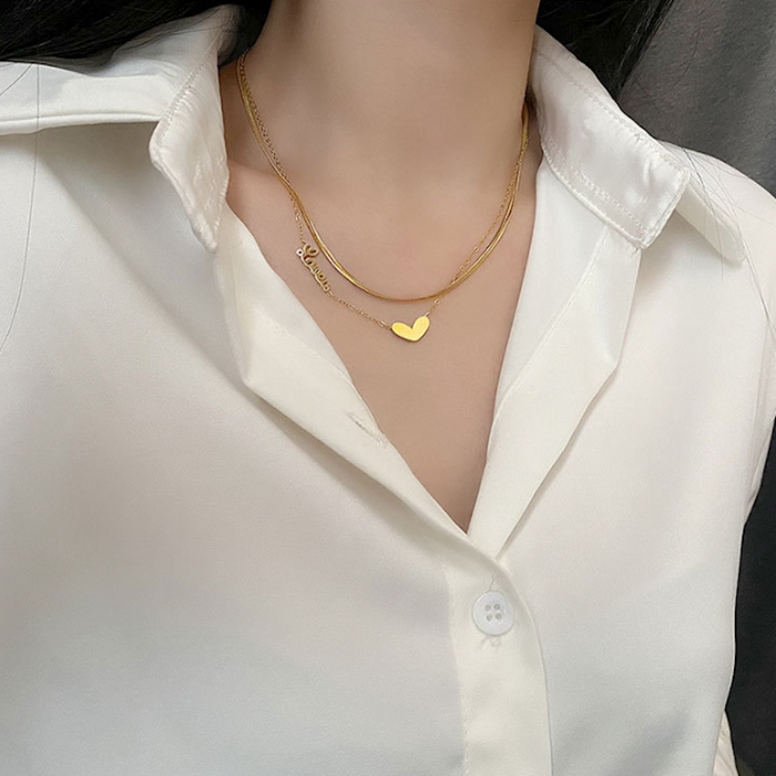 Women's Romance-inspired Layered Necklace: silver, white heart, minimal style