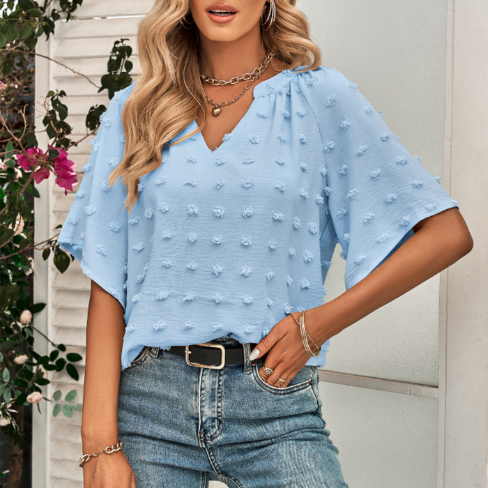 Women's Summer Top with Batwing V-Neck Design: light blue short-sleeve blouse/top, casual style