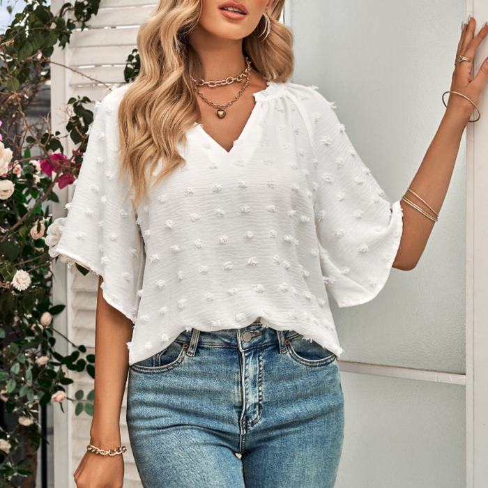 Women's Summer Top with Batwing V-Neck Design: light blue short-sleeve blouse/top, casual style