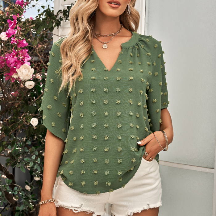 Women's Summer Top with Batwing V-Neck Design: light blue short-sleeve blouse/top, casual style