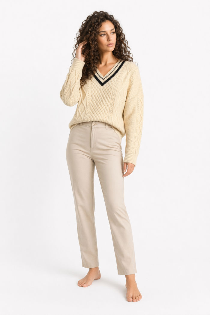 Women's Sweater with Cable-Knit Design and V-Neckline Beige