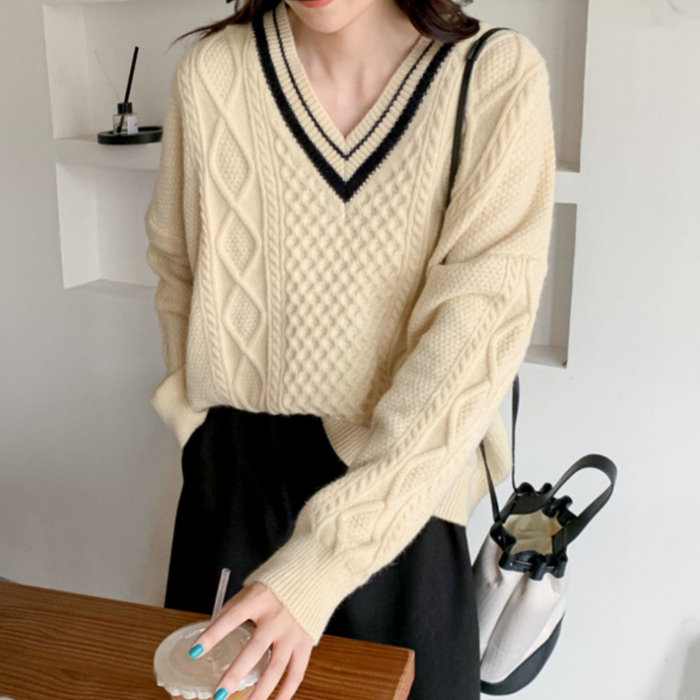 Women's Sweater with Cable-Knit Design and V-Neckline: cream, black V-neck knit sweater, preppy style