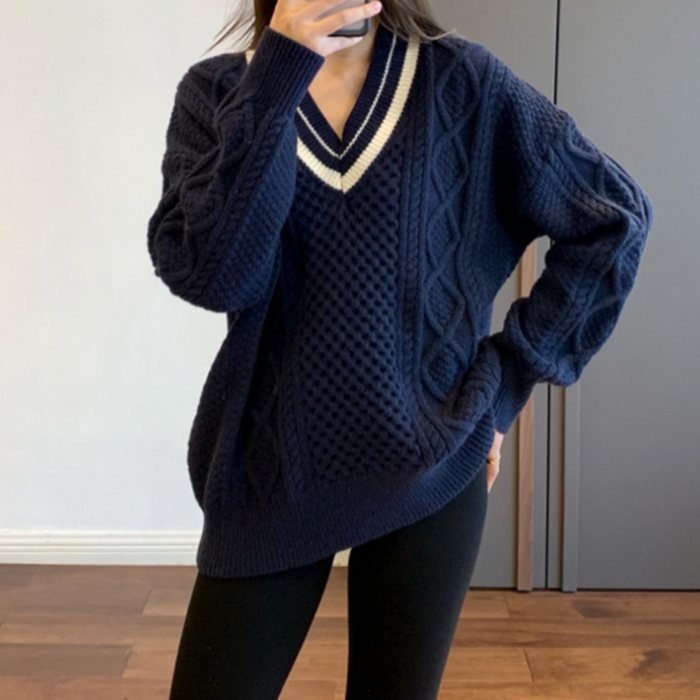 Women's Sweater with Cable-Knit Design and V-Neckline: cream, black V-neck knit sweater, preppy style
