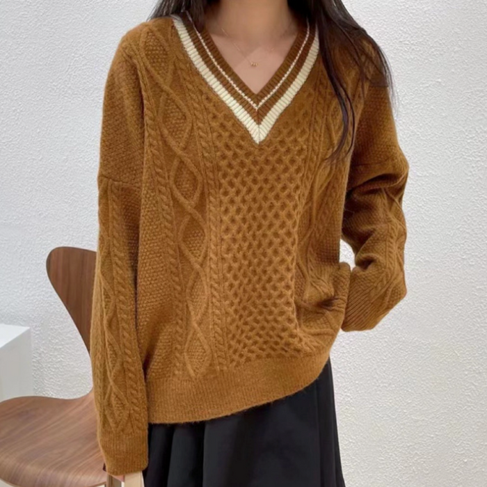Women's Sweater with Cable-Knit Design and V-Neckline: cream, black V-neck knit sweater, preppy style