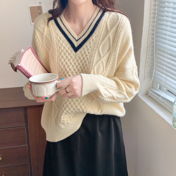 Women's Sweater with Cable-Knit Design and V-Neckline: cream, black V-neck knit sweater, preppy style