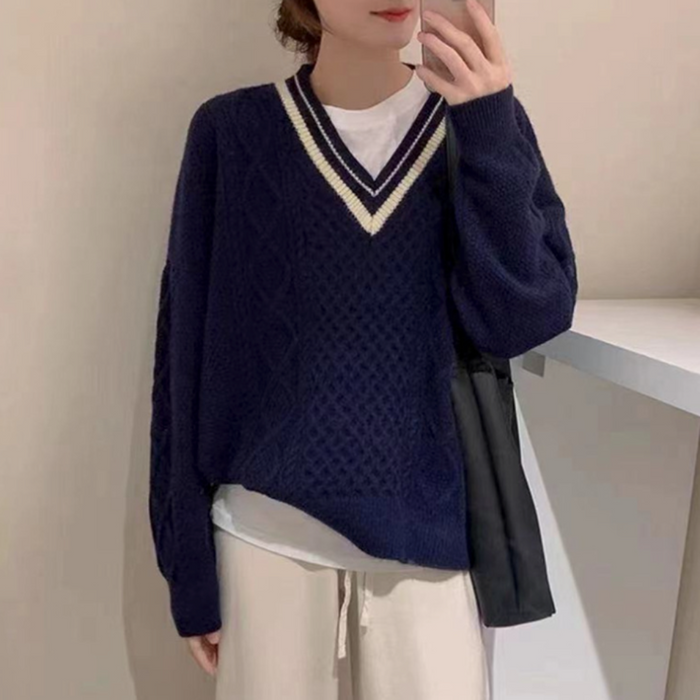 Women's Sweater with Cable-Knit Design and V-Neckline: cream, black V-neck knit sweater, preppy style