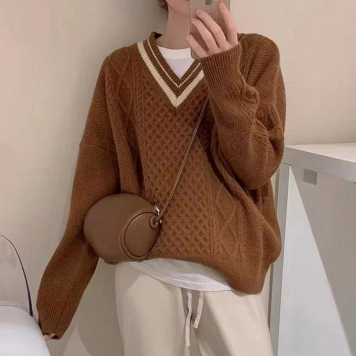 Women's Sweater with Cable-Knit Design and V-Neckline: cream, black V-neck knit sweater, preppy style