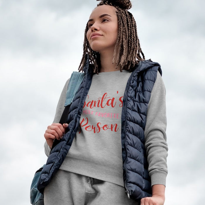 Women's Sweatshirt, Santa's Beloved Companion: black, red Christmas/Santa-themed text, casual festive graphic apparel style