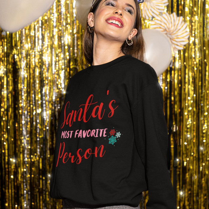 Women's Sweatshirt, Santa's Beloved Companion: black, red Christmas/Santa-themed text, casual festive graphic apparel style