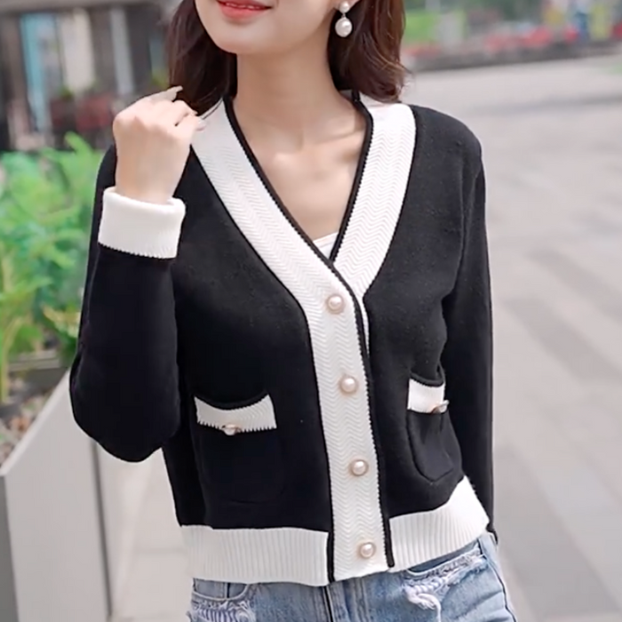 Women's V-Neck Contrast Sleeve Cardigan: black, white cardigan sweater, minimal chic style