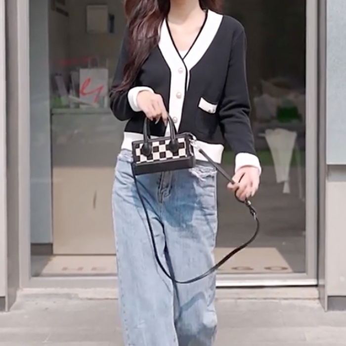Women's V-Neck Contrast Sleeve Cardigan: black, white cardigan sweater, minimal chic style