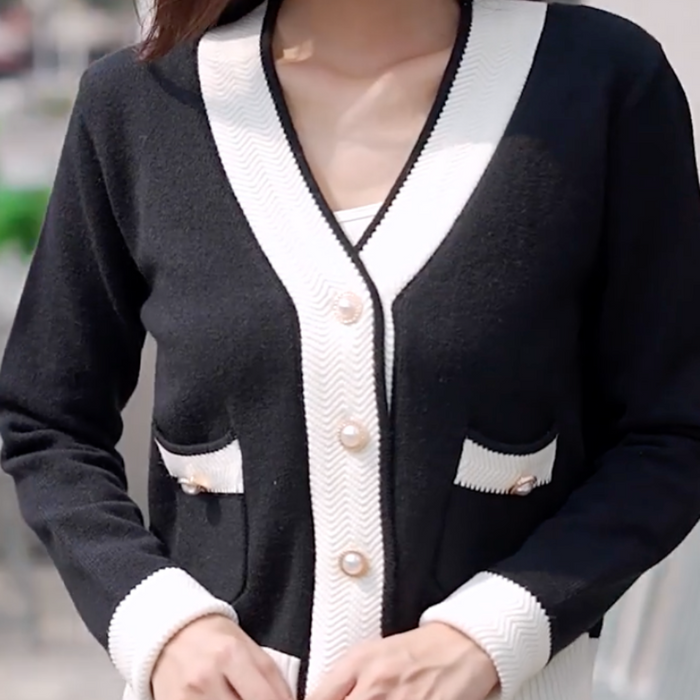 Women's V-Neck Contrast Sleeve Cardigan: black, white cardigan sweater, minimal chic style