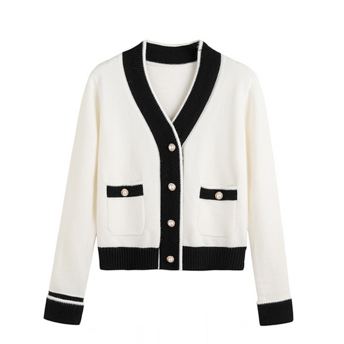 Women's V-Neck Contrast Sleeve Cardigan: black, white cardigan sweater, minimal chic style