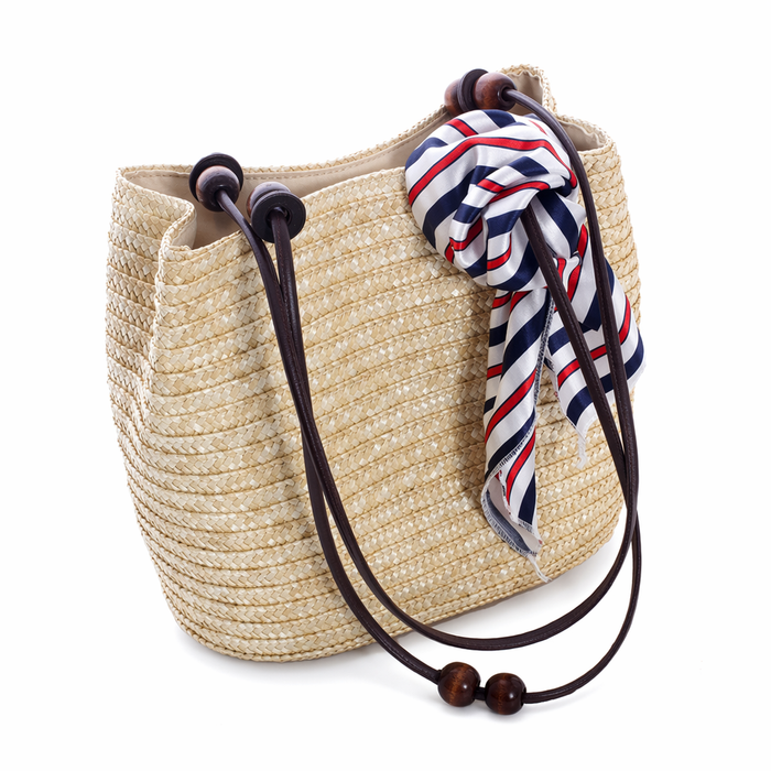 Wooden Beaded Straw Handbag Beige