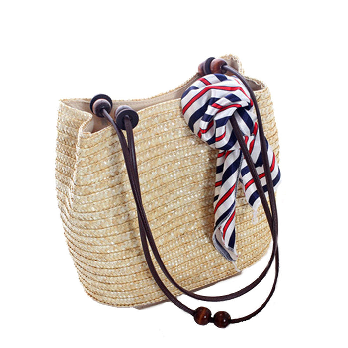 Wooden Beaded Straw Handbag: natural beige, dark brown handbag/tote bag, casual nautical style
