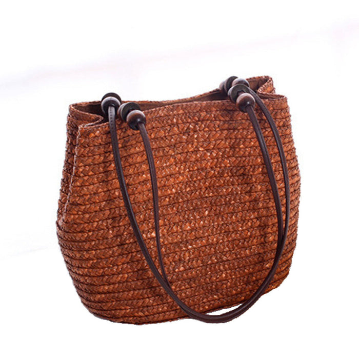 Wooden Beaded Straw Handbag: natural beige, dark brown handbag/tote bag, casual nautical style