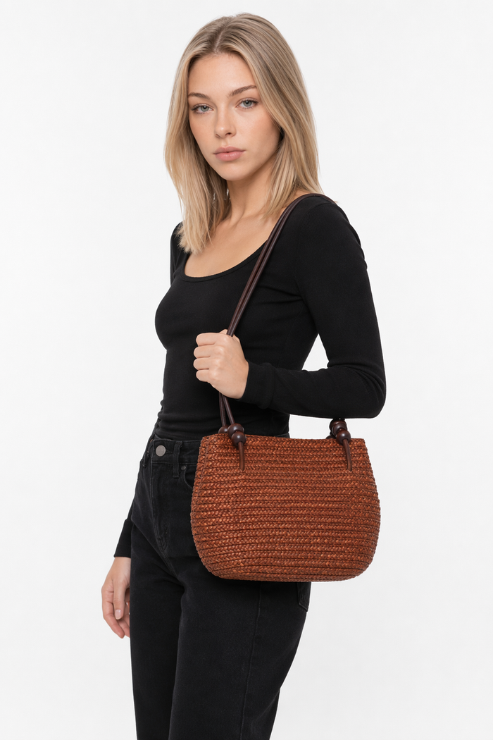 Wooden Beaded Straw Handbag Brown