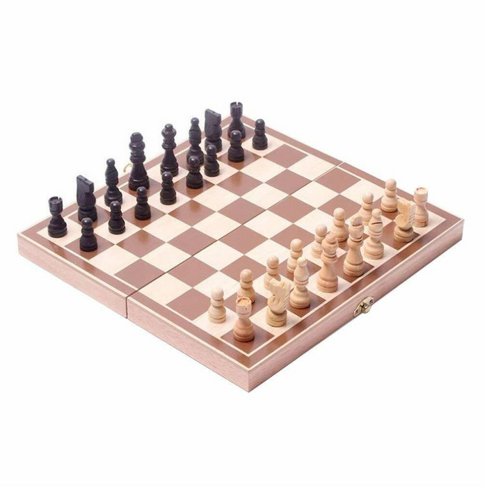 Wooden Chess Board Game that Can be Folded: light tan, brown chess, classic style