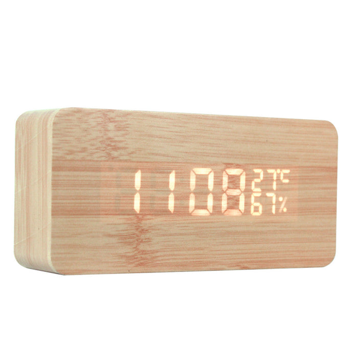 Wooden Digital LED Clock with Temperature Indicator: light natural wood, warm white/orange display digital alarm clock, minim